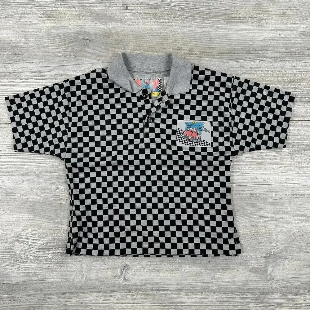 VTG EJ Gitano Polo Shirt Youth 5 Black Gray Checkerboard Moon Drive By Patch - Picture 2 of 6